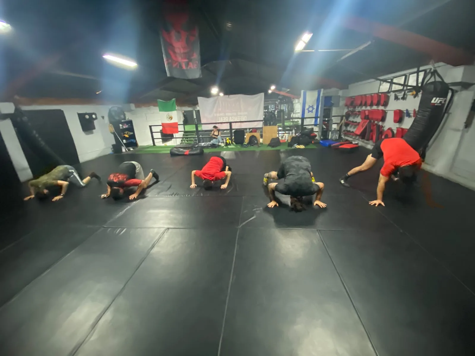 Alumnos practicando ejercicios de lucha sobre el área de entrenamiento