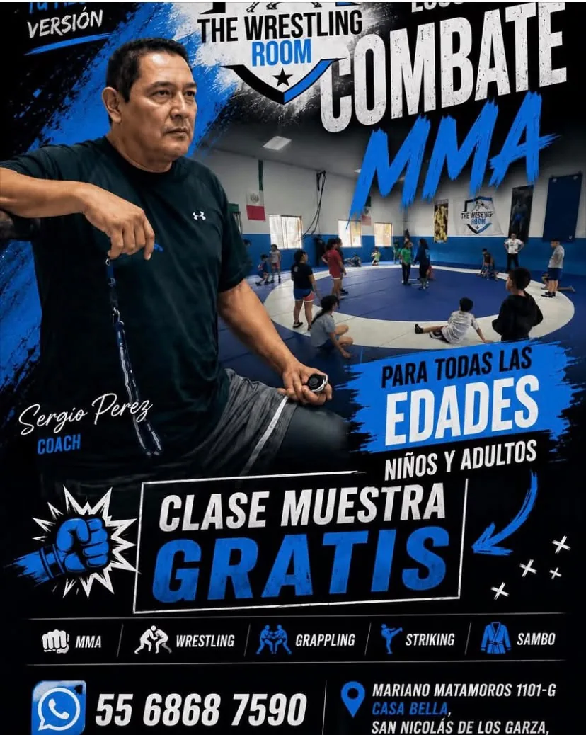 Cartel de Academia MMA con el coach Sergio Pérez, clase muestra gratis y disciplinas de combate